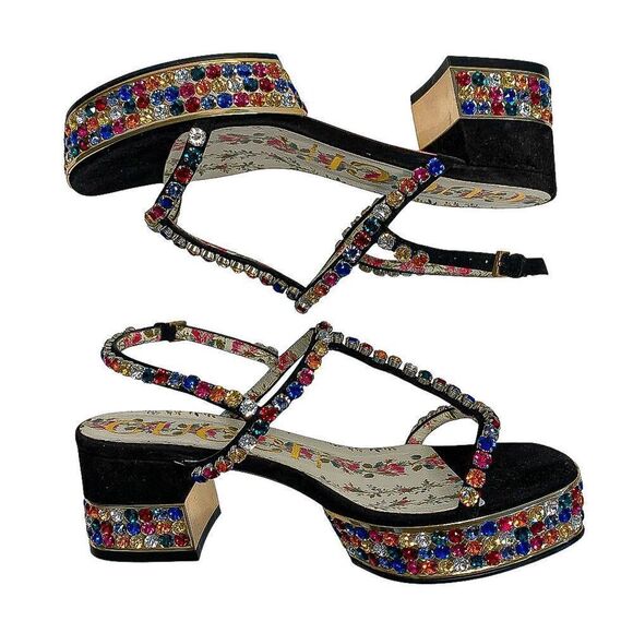 Gucci Mira Crystal Embellished Platform Sandals EU 37.5 US 7.5  Strappy Black - Picture 6 of 11
